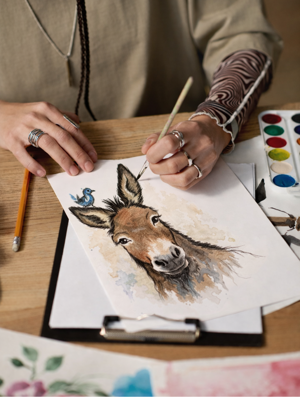 Artist creating a donkey drawing